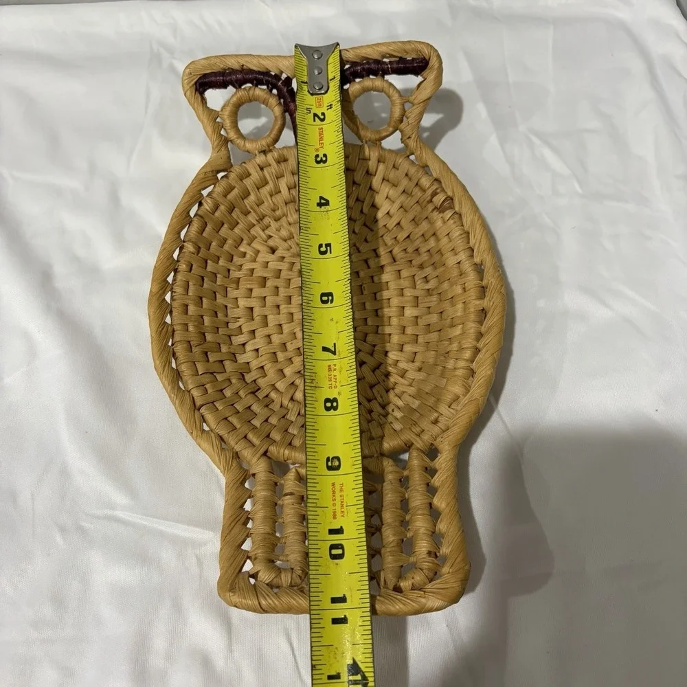 Vintage Mid Century Owl Wicker Basket Wall Hanging Boho Decor Rattan 11